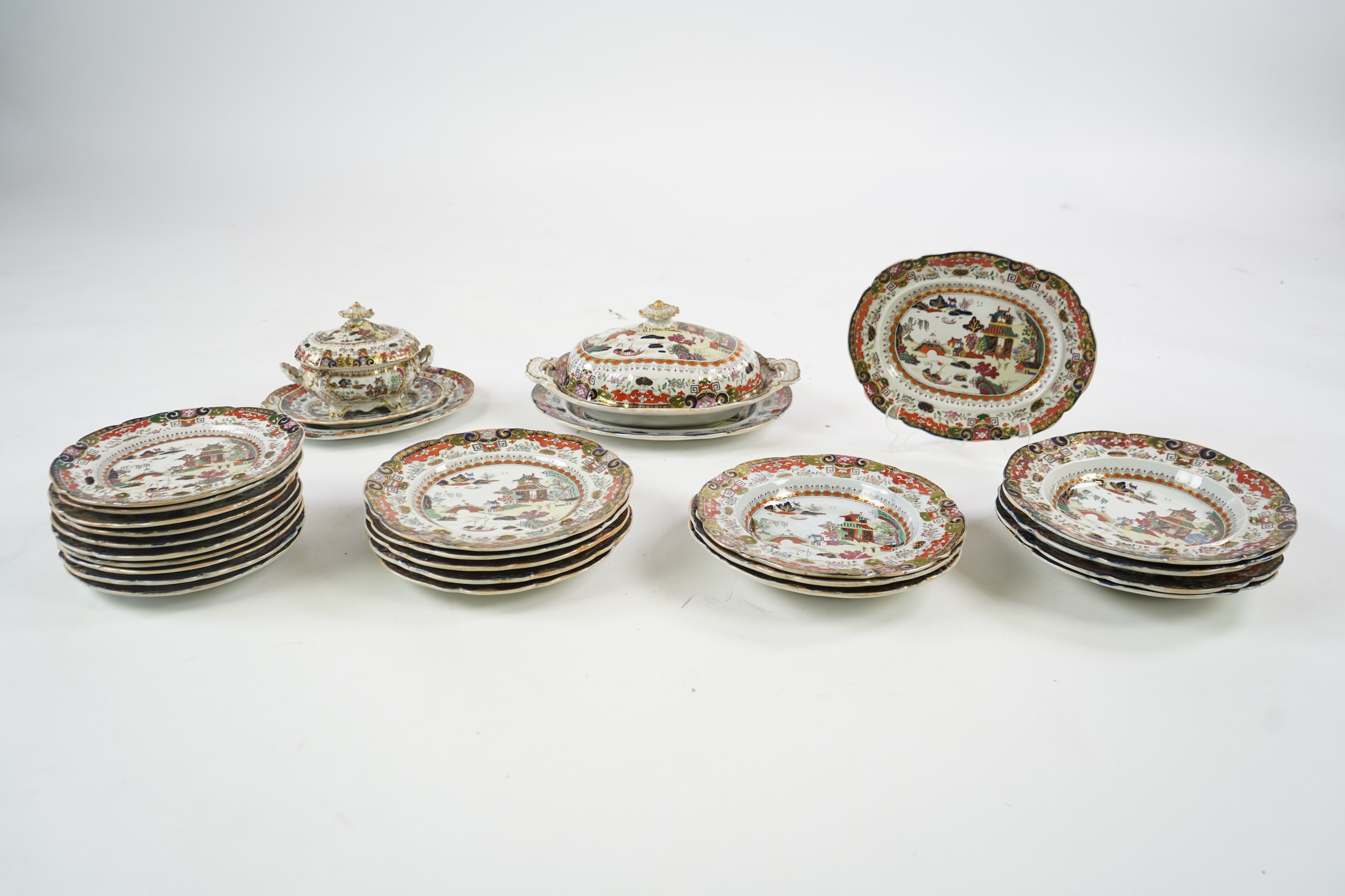 A Masons ironstone landscape pattern part dinner service, first half 19th century